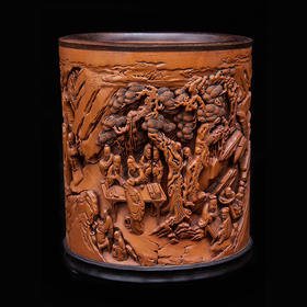 S 西园雅集黄杨笔筒18x15.6cm ZYXD