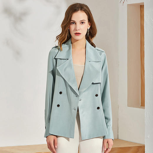 丁摩 高端货重磅30姆米真丝风衣外套女短款腰带气质翻领上衣Q121075-DZ999 商品图0