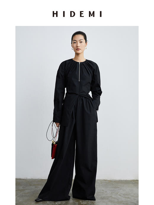 HIDEMI本期必入拉链褶皱廓形衬衫 黑色/白色 商品图8