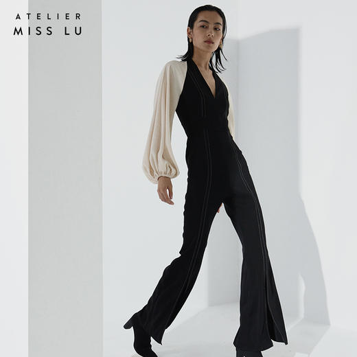 【足够炸场】拼色廓形袖修身微喇连体裤 商品图3