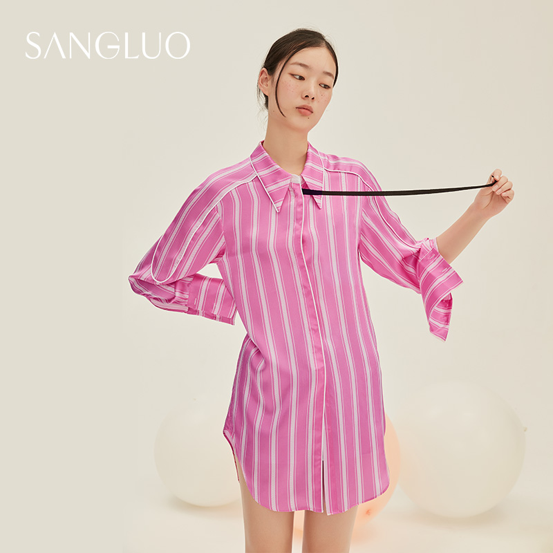 SANGLUO帅气廓形满底印花衬衫裙男友式叠穿不可少小众感上衣