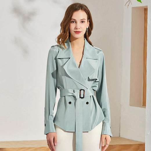 丁摩 高端货重磅30姆米真丝风衣外套女短款腰带气质翻领上衣Q121075-DZ999 商品图2
