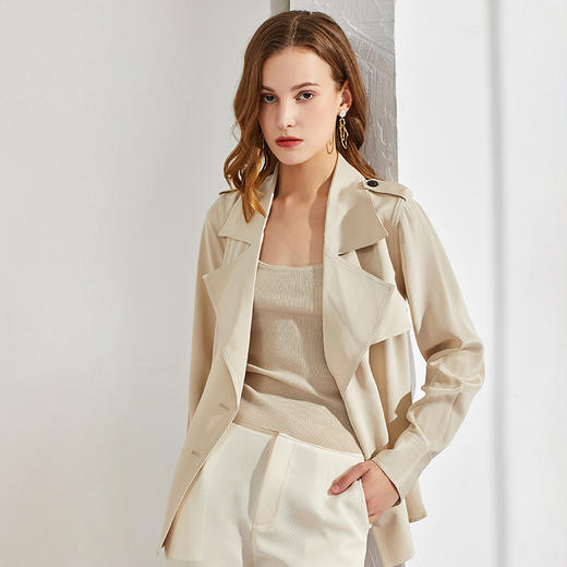 丁摩 高端货重磅30姆米真丝风衣外套女短款腰带气质翻领上衣Q121075-DZ999 商品图7