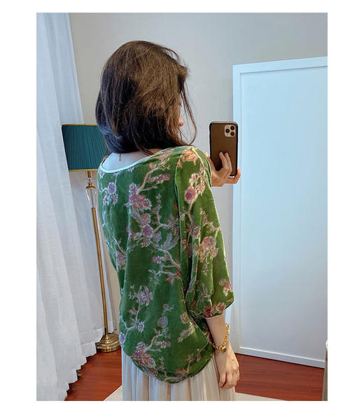 丁摩 真丝丝绒春秋郁郁葱葱烧花上衣开衫套头衫Q121174 商品图4