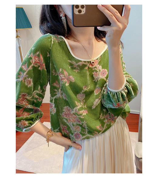 丁摩 真丝丝绒春秋郁郁葱葱烧花上衣开衫套头衫Q121174 商品图1