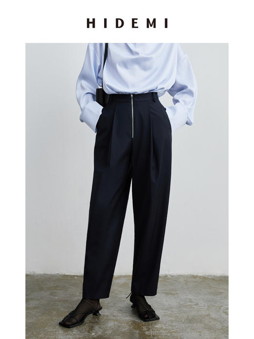 HIDEMI 简约休闲拉链设计感高腰锥形九分裤 黑色/卡其色/蓝色 商品图9