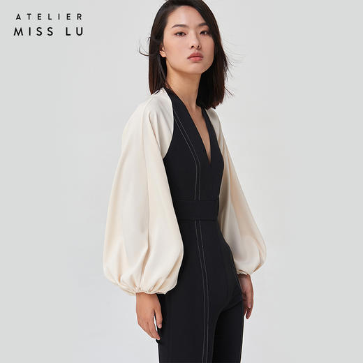 【足够炸场】拼色廓形袖修身微喇连体裤 商品图2