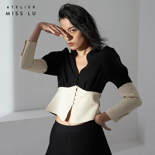 AtelierMissLu-【职场战衣】 黑白拼色廓形袖收腰上衣 商品图1