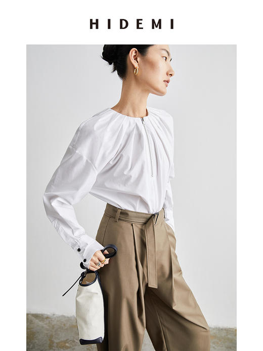 HIDEMI本期必入拉链褶皱廓形衬衫 黑色/白色 商品图4