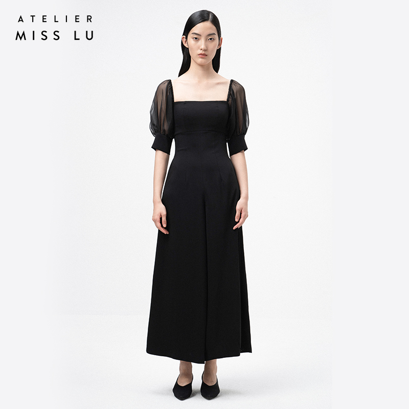 AtelierMissLu / Charlize 光泽黑蓬蓬纱袖连体裤