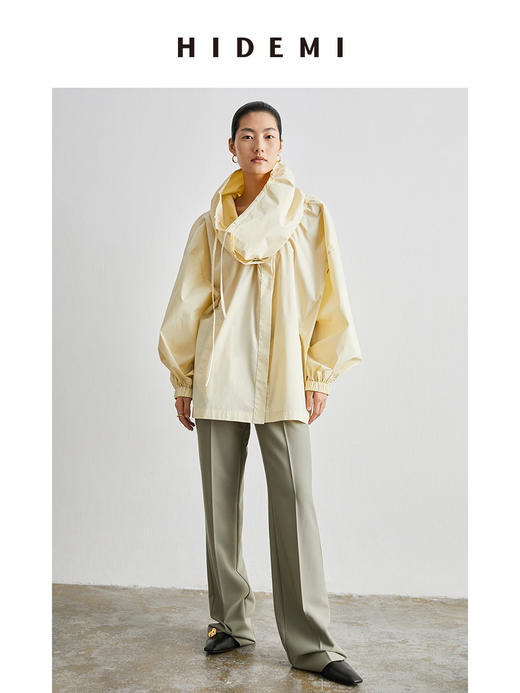 HIDEMI大翻领抽绳设计感短款风衣 黑色/米白色 商品图7