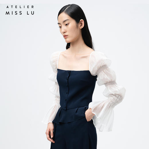 AtelierMissLu /Evy-藏青拼白纱袖短上衣 商品图2