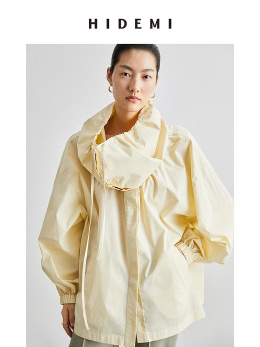 HIDEMI大翻领抽绳设计感短款风衣 黑色/米白色 商品图6