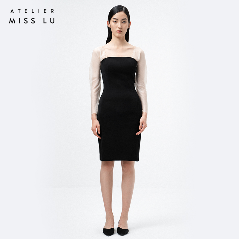 AtelierMissLu / Lucia-黑白拼接薄纱典雅修身连衣裙