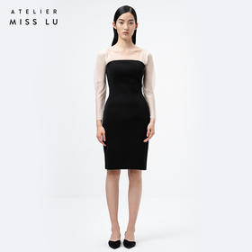 AtelierMissLu / Lucia-黑白拼接薄纱典雅修身连衣裙