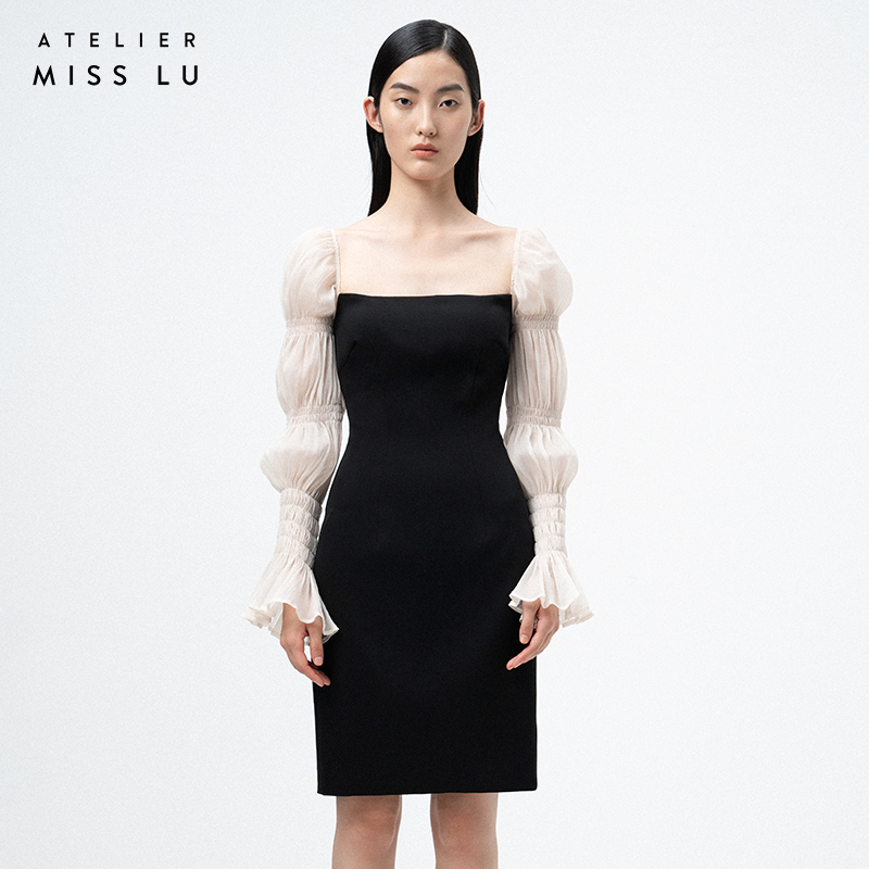 AtelierMissLu /Sandra-银河黑拼白纱袖修身连身裙