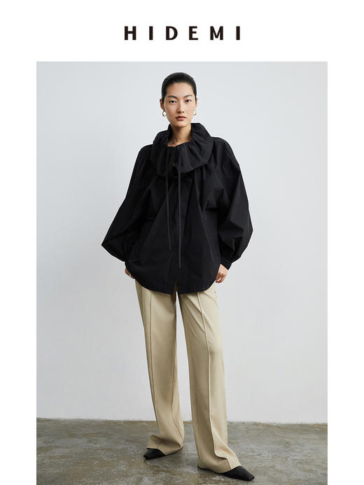 HIDEMI大翻领抽绳设计感短款风衣 黑色/米白色 商品图11