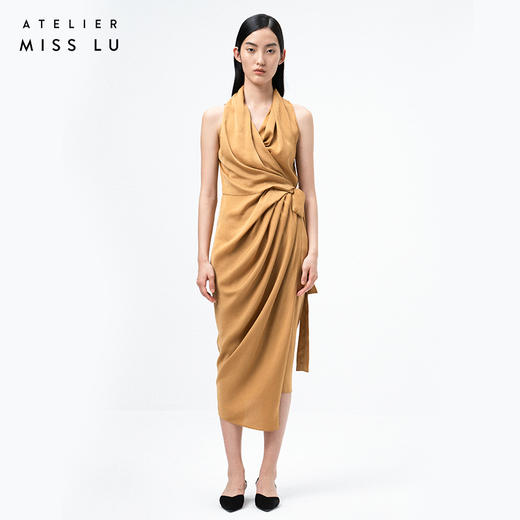 【潘思帕国王】古铜黄立裁垂皱腰间系带裹身连衣裙/0000703 商品图0