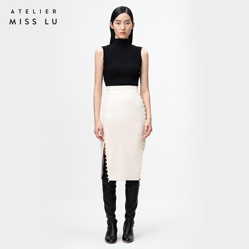 AtelierMissLu / Elma 白色珍珠开衩半身裙