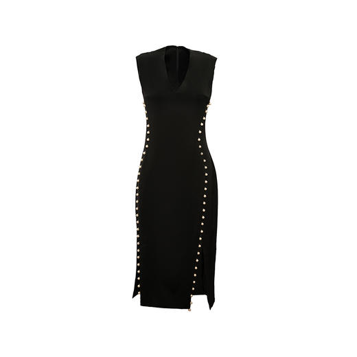 【润夜】AtelierMissLu设计师V领珍珠手订开叉黑色修身连衣裙/0000673A 商品图4