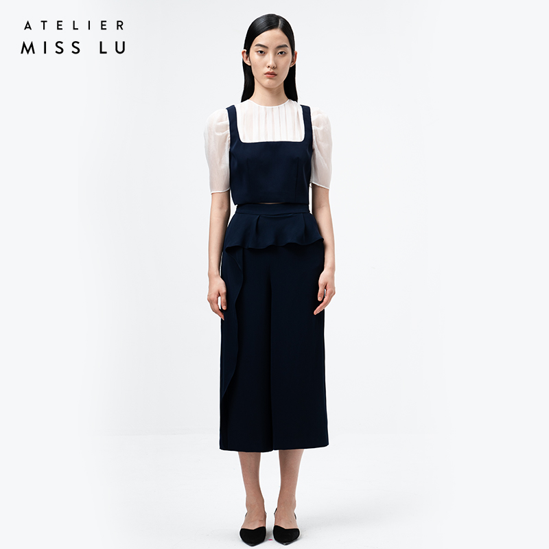 AtelierMissLu /Liliana-泡泡袖藏青拼白短上衣