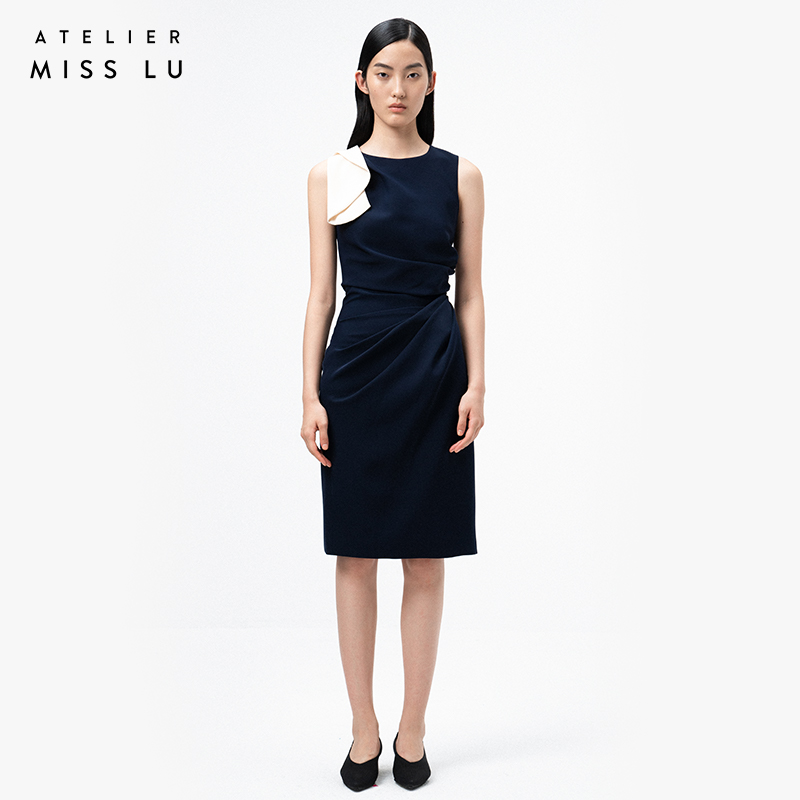 AtelierMissLu /Garcia-藏青拼白褶皱连衣裙