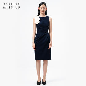 AtelierMissLu /Garcia-藏青拼白褶皱连衣裙