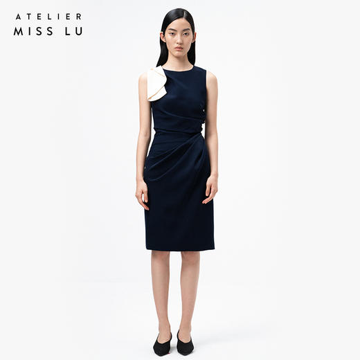 AtelierMissLu /Garcia-藏青拼白褶皱连衣裙 商品图0