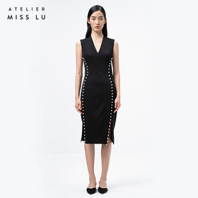 【润夜】AtelierMissLu设计师V领珍珠手订开叉黑色修身连衣裙/0000673A