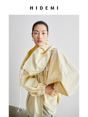 HIDEMI大翻领抽绳设计感短款风衣 黑色/米白色