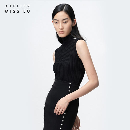 AtelierMissLu/ Marjorie-黑色高领珠饰针织背心 商品图1