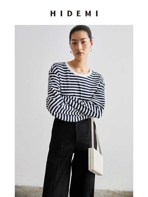 HIDEMI基础经典款有机棉宽松T恤 条纹/黑色/白色 商品图12