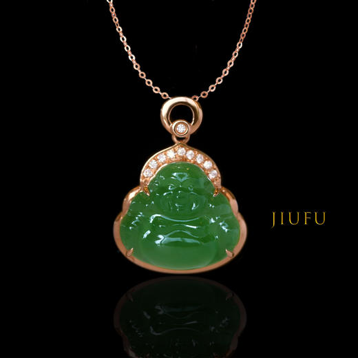 18K玫瑰金和田玉（碧玉）镶钻吊坠--玉佛/小佛公12*11mm/苹果绿 商品图1