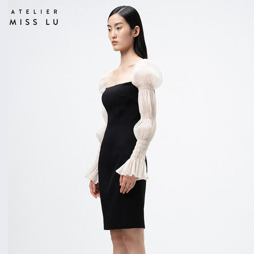 AtelierMissLu /Sandra-银河黑拼白纱袖修身连身裙 商品图1