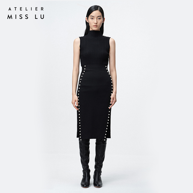 AtelierMissLu/ Marjorie-黑色高领珠饰针织背心