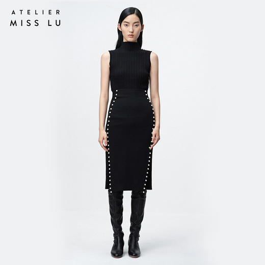 AtelierMissLu/ Marjorie-黑色高领珠饰针织背心 商品图0