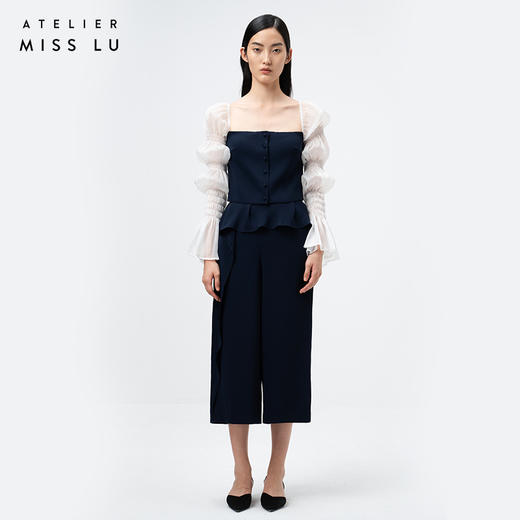 AtelierMissLu /Evy-藏青拼白纱袖短上衣 商品图0