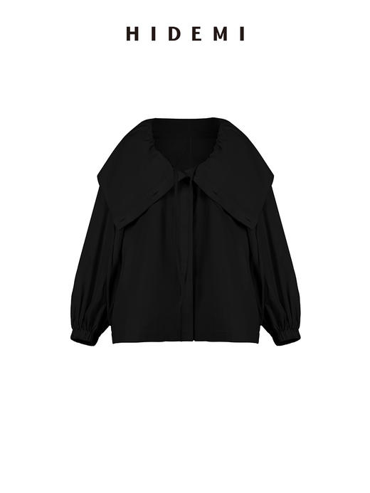 HIDEMI大翻领抽绳设计感短款风衣 黑色/米白色 商品图13