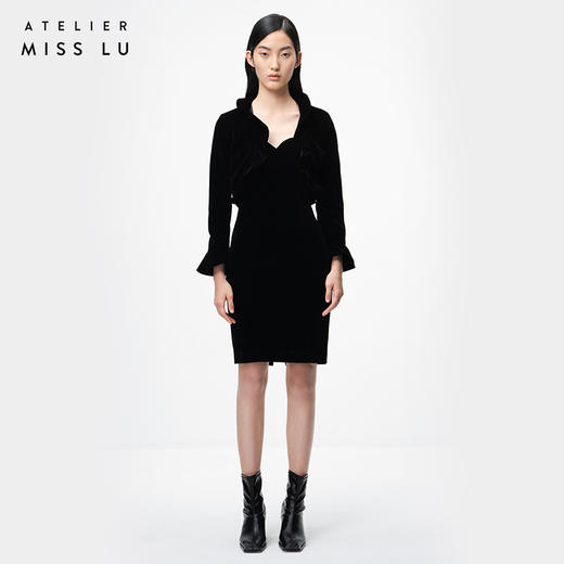 AtelierMissLu /Celestina -墨黑丝绒荷叶领短外套 商品图0