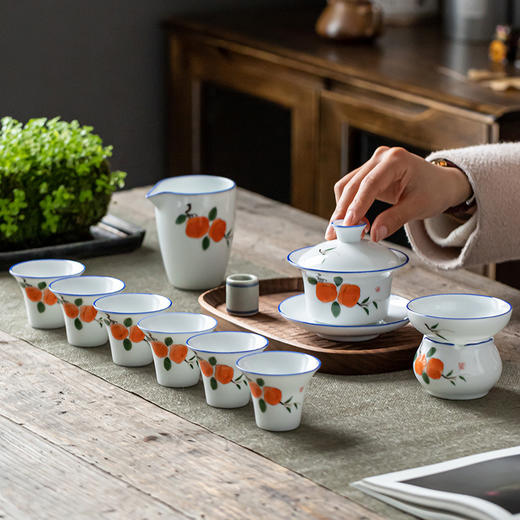 手绘功夫茶具套装家用景德镇陶瓷盖碗茶杯办公室简约现代送礼盒装 商品图0