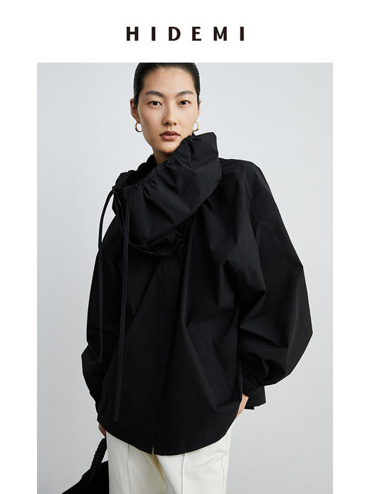 HIDEMI大翻领抽绳设计感短款风衣 黑色/米白色 商品图10