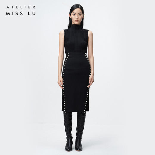 AtelierMissLu / Elma-黑色珍珠开衩半身裙 商品图0