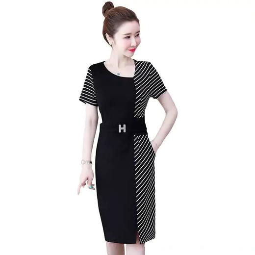 TZW-女夏大码女装胖mm遮肚收腰显瘦黑色条纹拼接连衣裙 商品图8