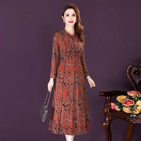 AHM-fyg8647新款复古优雅气质修身立领长袖中长款印花连衣裙