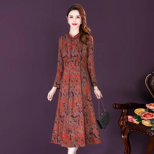 AHM-fyg8647新款复古优雅气质修身立领长袖中长款印花连衣裙 商品图1