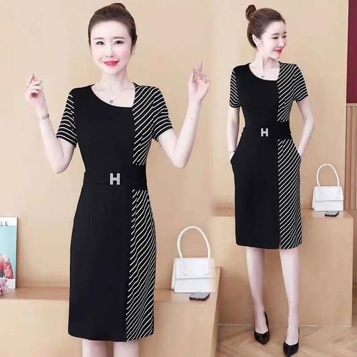 TZW-女夏大码女装胖mm遮肚收腰显瘦黑色条纹拼接连衣裙 商品图1
