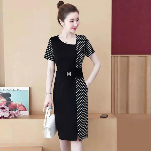 TZW-女夏大码女装胖mm遮肚收腰显瘦黑色条纹拼接连衣裙 商品图7