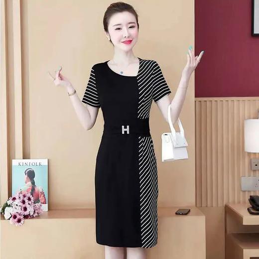 TZW-女夏大码女装胖mm遮肚收腰显瘦黑色条纹拼接连衣裙 商品图6