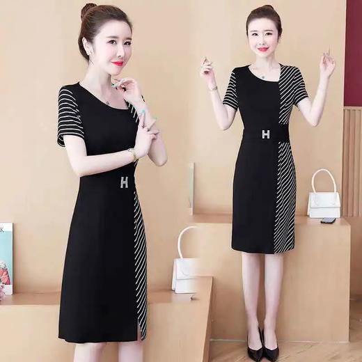 TZW-女夏大码女装胖mm遮肚收腰显瘦黑色条纹拼接连衣裙 商品图3