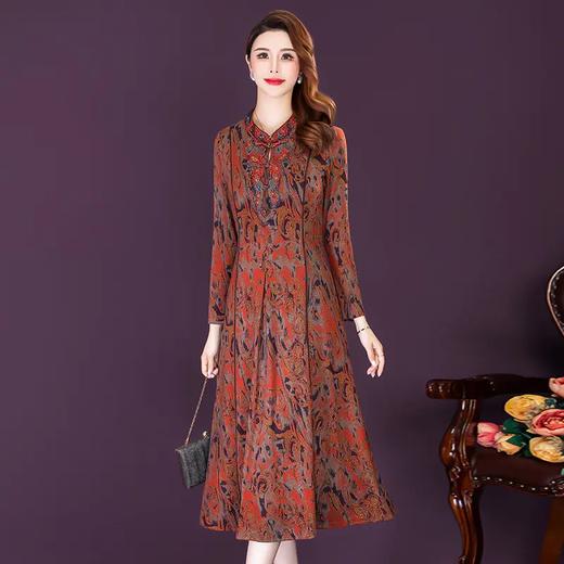 AHM-fyg8647新款复古优雅气质修身立领长袖中长款印花连衣裙 商品图2